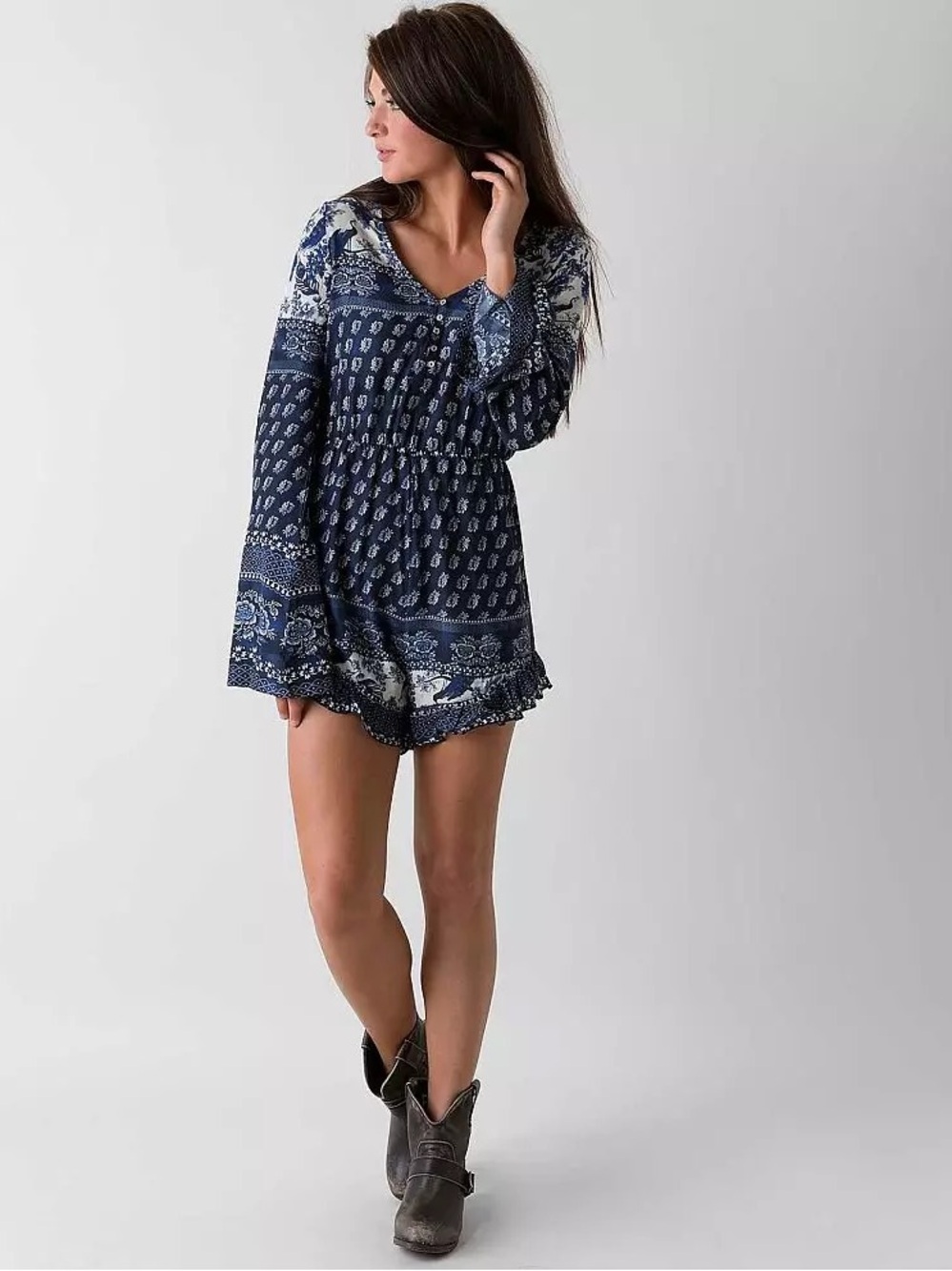 Women's Boho Navy Floral Button-Front Peasant Romper ruffled short bell sleeves